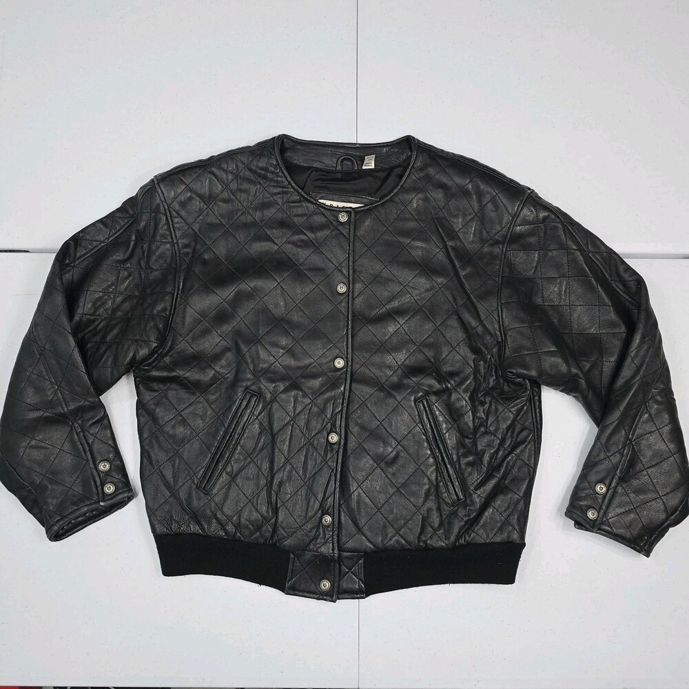 Vintage Kristin Paige Women XL Collarless Quilted Leather Bomber Jacket
